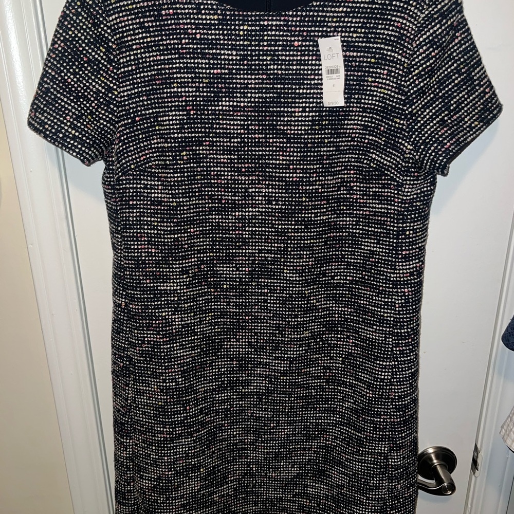 LOFT Navy and White Tweed Dress with Pink Accents